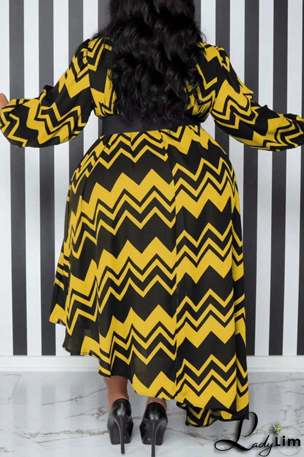 Yellow Casual Print Patchwork With Belt O Neck Irregular Dress Plus Size Dresses