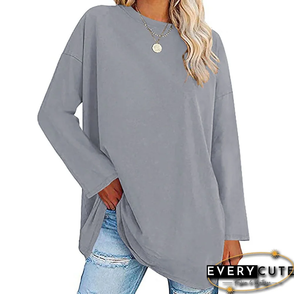 Light Gray Solid Drop-shoulder Crew Neck Long Sleeve Tops