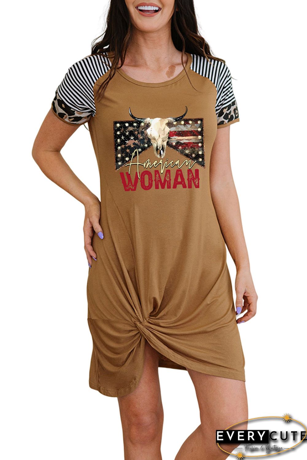 Brown Independence Day Graphic Print Contrast Sleeve Dress