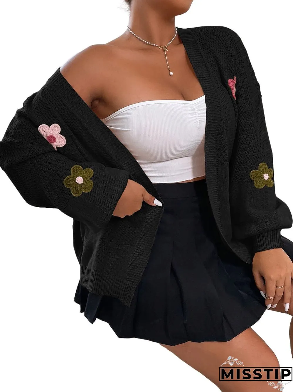 Sweet Black Floral Bubble Sleeve Cardigan with Shoulder Drop