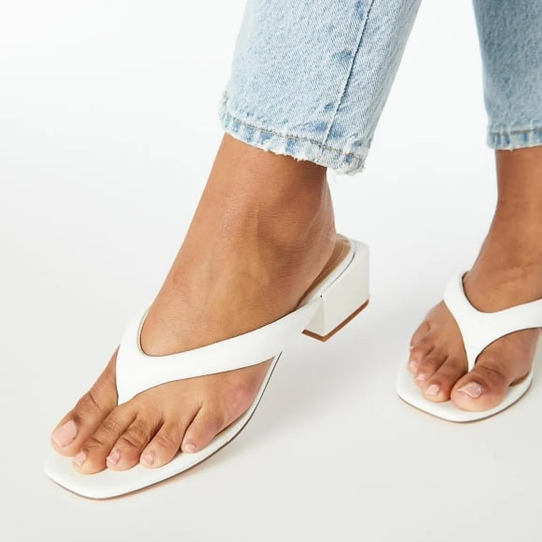 YDN Open Square Toe Flip Flop Block Heel Slide Sandals in White