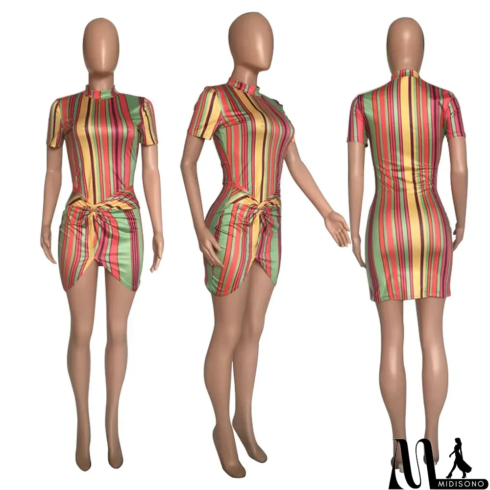 MidiSono - Casual Simple Color Striped Print Sexy Dress