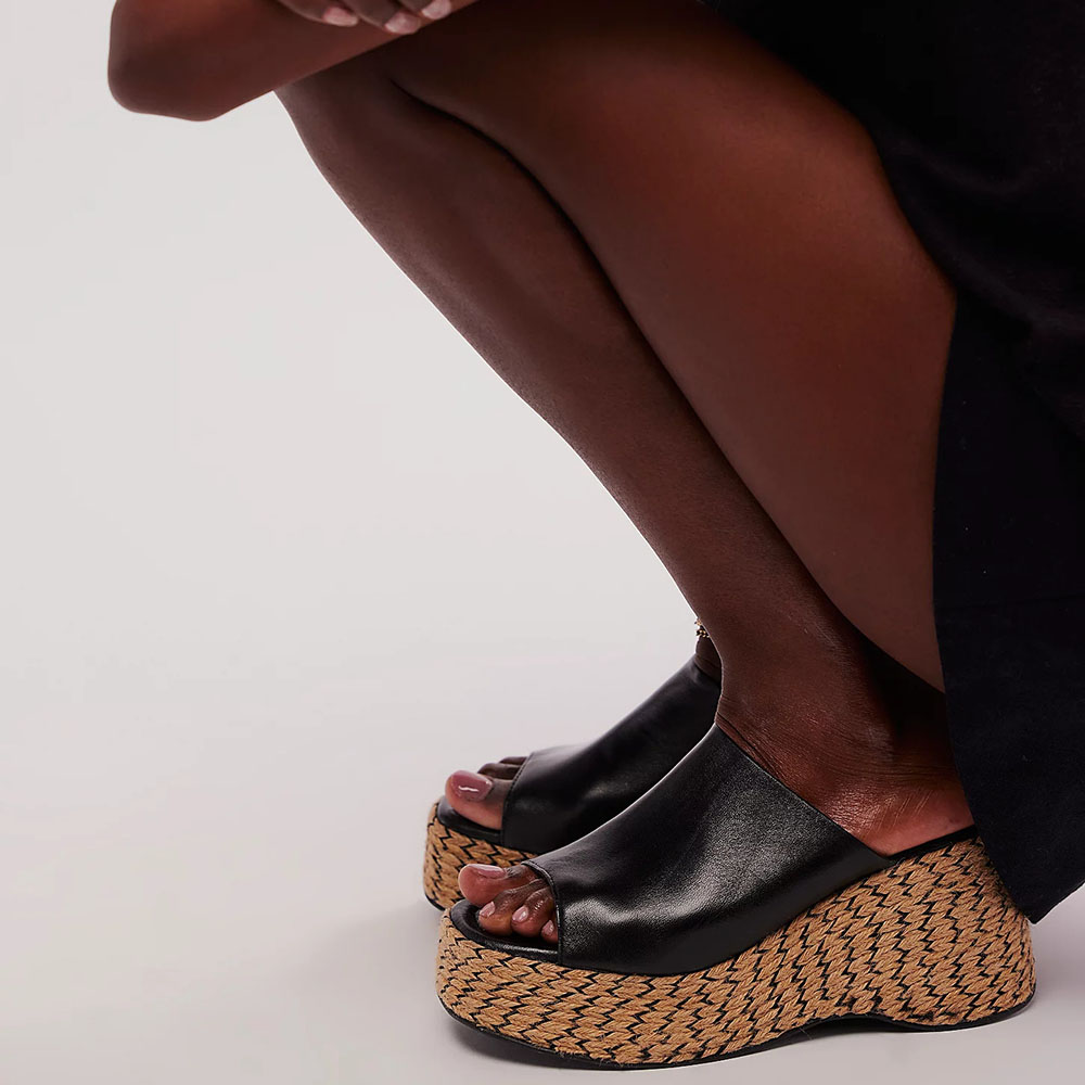 Black Vegan Leather Peep Toe 5'' Wedge Heel Platform Mules Nicepairs