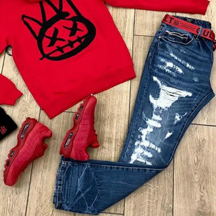 Street wear painted red hoodie &pants jeans