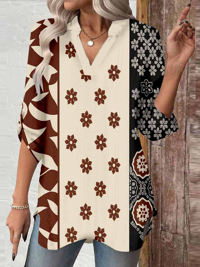 Women Artistic,Brown,Black DZGA0272 3/4 Sleeve V-neck Printed Graphic Button Tops