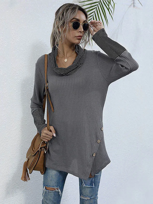 Casual Roomy Striped Buttoned Heaps Collar Long Sleeves False Two T-Shirt Top