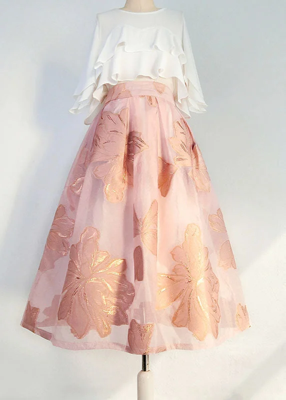 Boutique Pink Wrinkled Embroideried Patchwork Tulle Skirt Summer