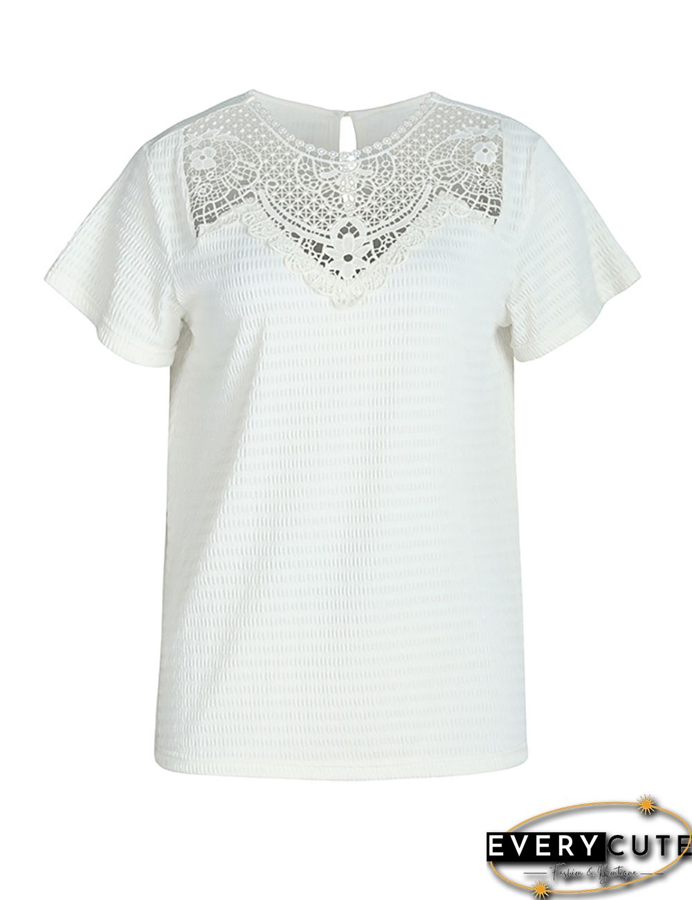 White Splicing Lace Knit Jaquard Short Sleeve Tops