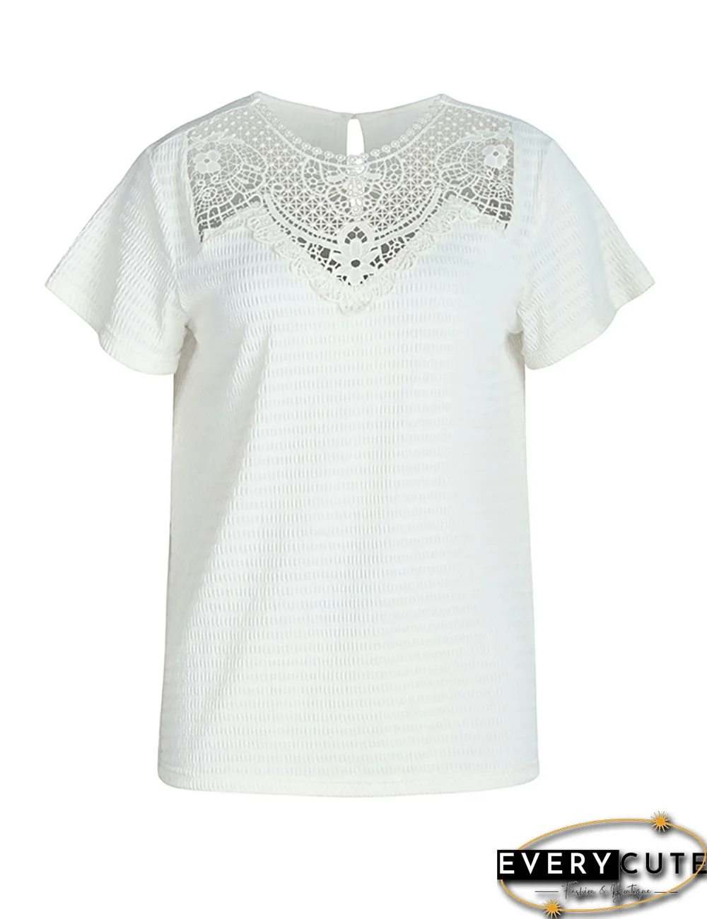 White Splicing Lace Knit Jaquard Short Sleeve Tops