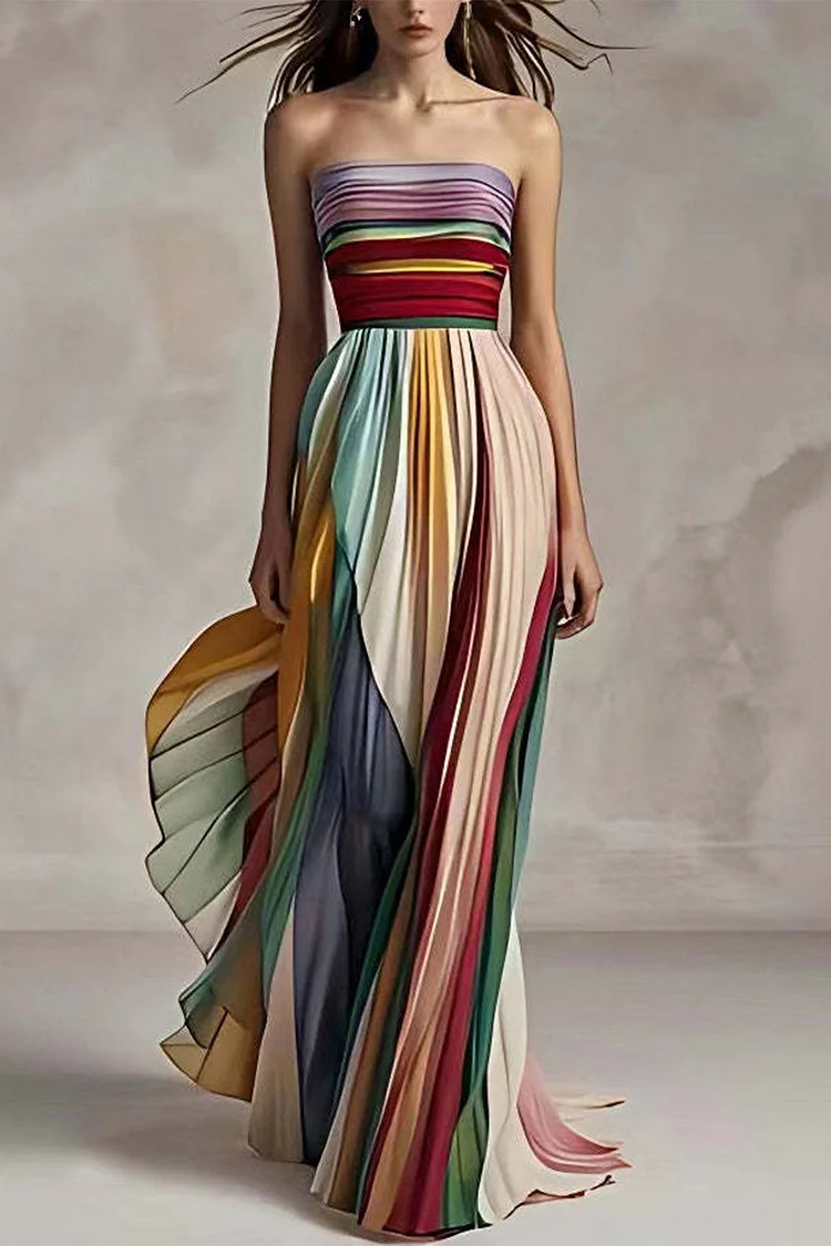 Wedding Guest Multicolor Chiffon Strapless Sleeveless Colorblock Pleated Maxi Dress
