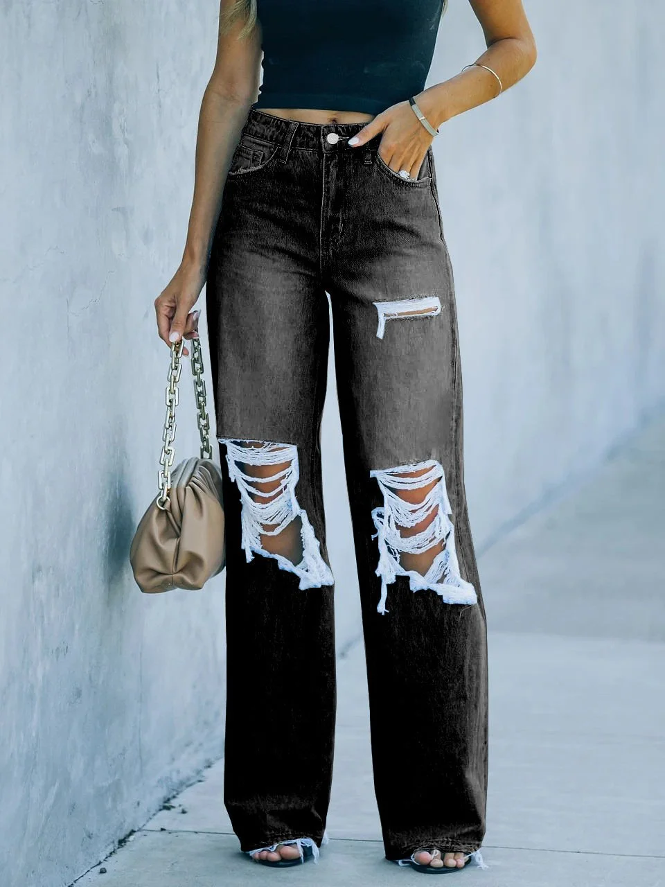 Women's Washed Ripped Straight Leg Jeans