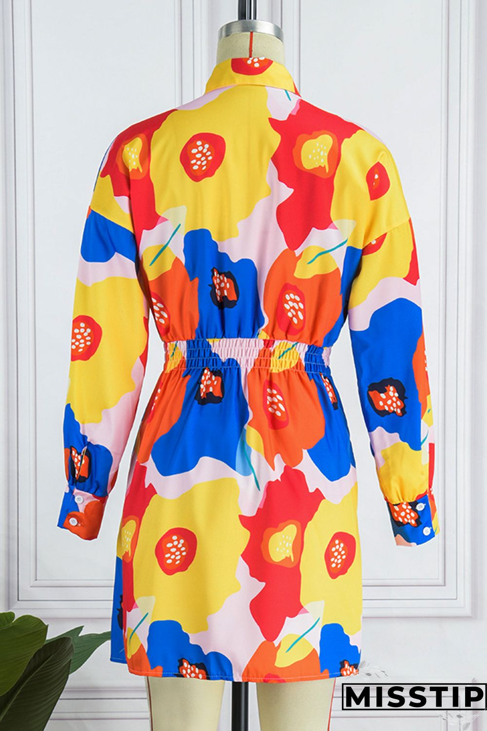 Multicolor Casual Print Patchwork Turndown Collar Long Sleeve Dresses