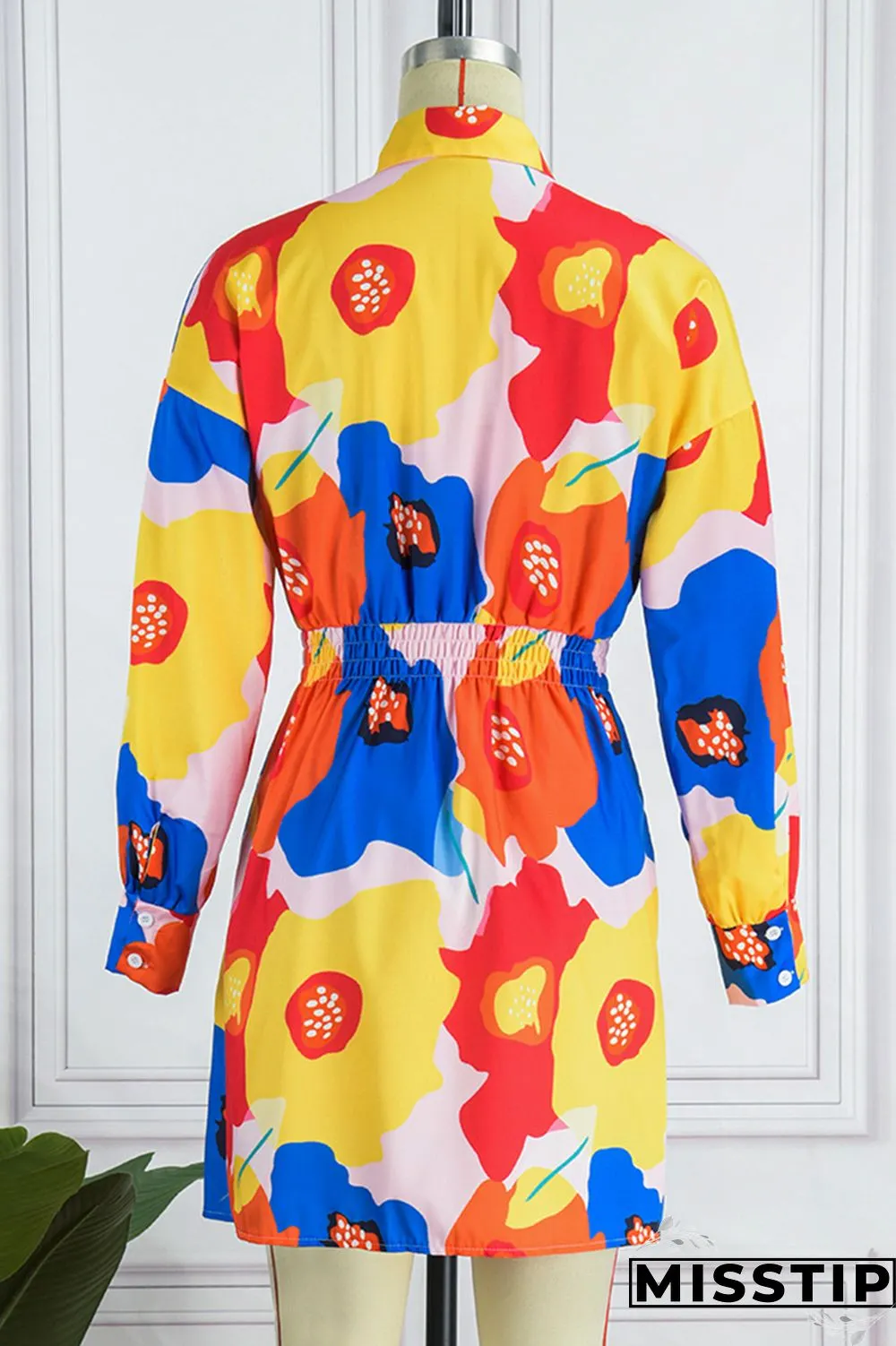 Multicolor Casual Print Patchwork Turndown Collar Long Sleeve Dresses