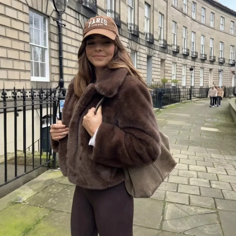 Nigikala Nigikala Women's Clothing Explosion High Street Fashion Faux Fur Effect Collared Long-Sleeved Coat