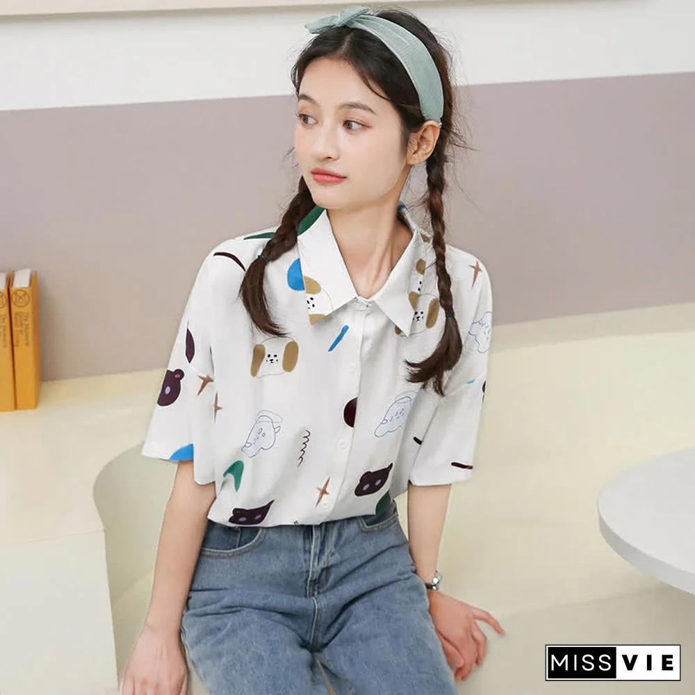 Cartoon Bear Print Lapel Casual T-Shirt