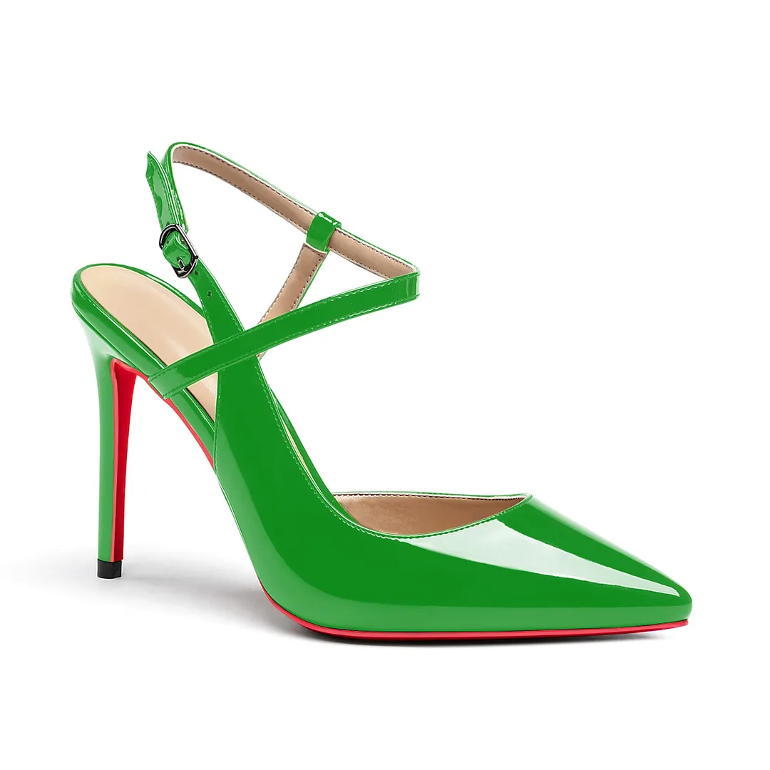 100mm Women Slingback Pumps Ankle Strap Jenlove Stiletto Mid Heel Close Pointed Toe Dress Red Soles-vocosishoes