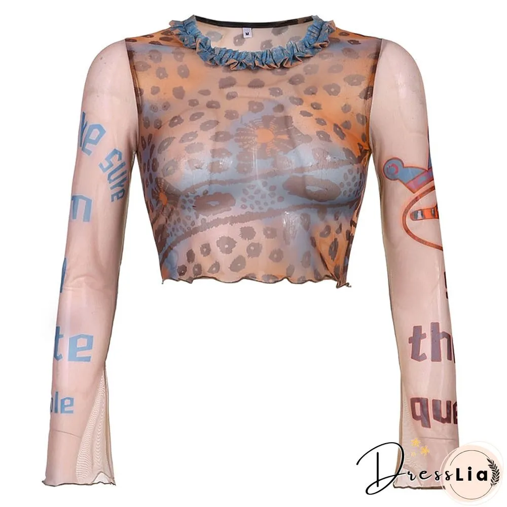 Harajuku Print y2k Mesh Crop Tops Women Streetwear Lace Patchowrk Khaki Aesthetic Shirts