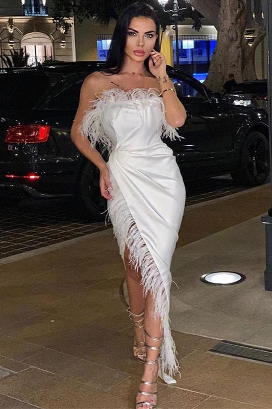 Luluslly Strapless Feather Prom Dress With Front Split
