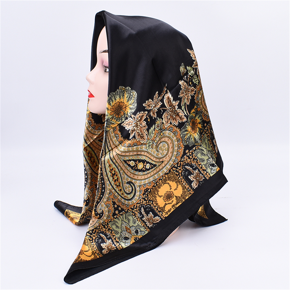 90cm*90cm Black Satin Plain Printed Square Scarf-vocosishoes
