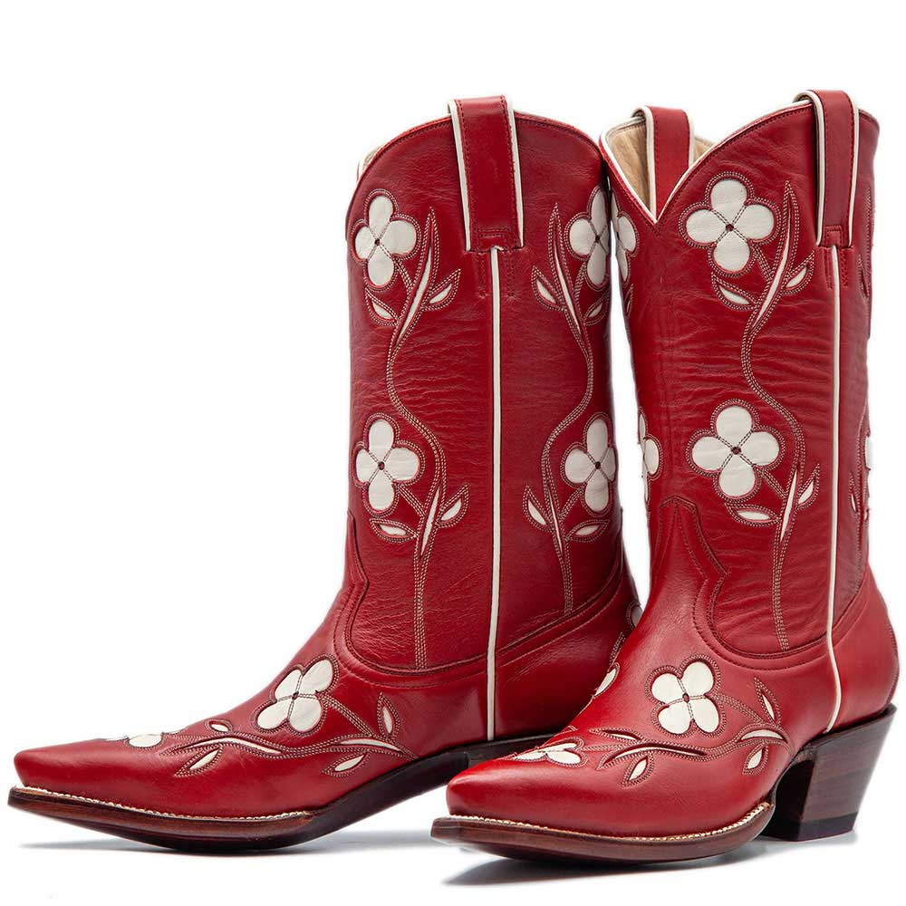 Red Floral Inlay Pointed Toe Chunky Heel Mid-Calf Cowgirl Boots Nicepairs