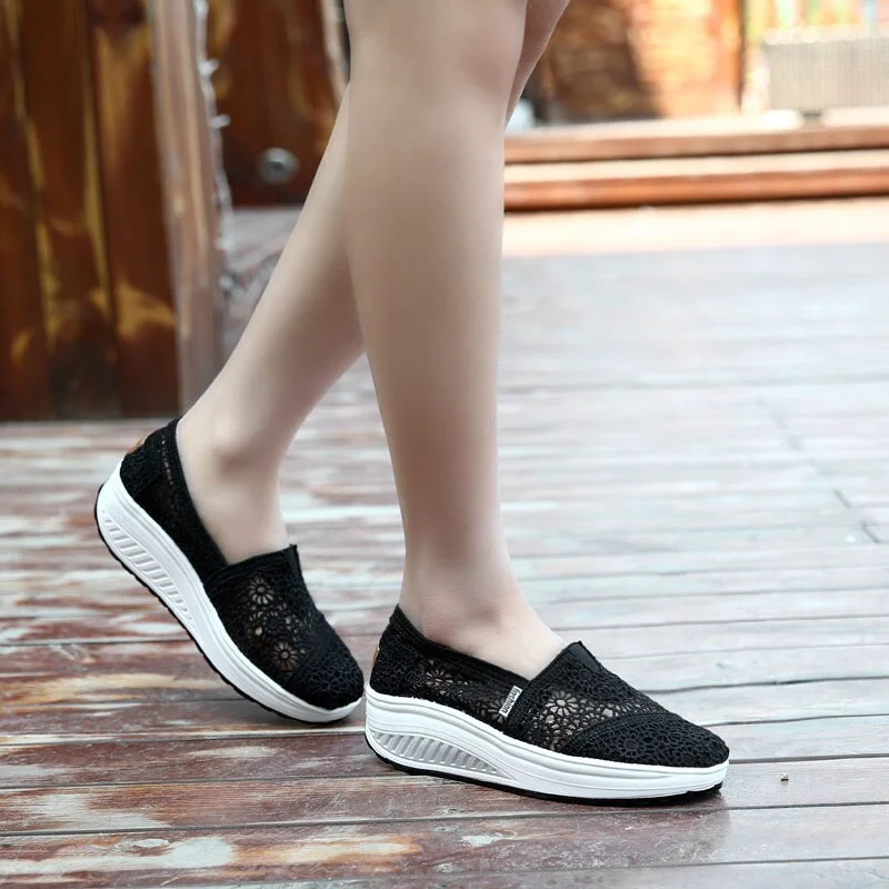 MWY Thick Platform Shoes Increased Breathable Leisure Shoes Rocking Shoes Zapatos Bajos De Mujer Lace Openwork Female Sneaker