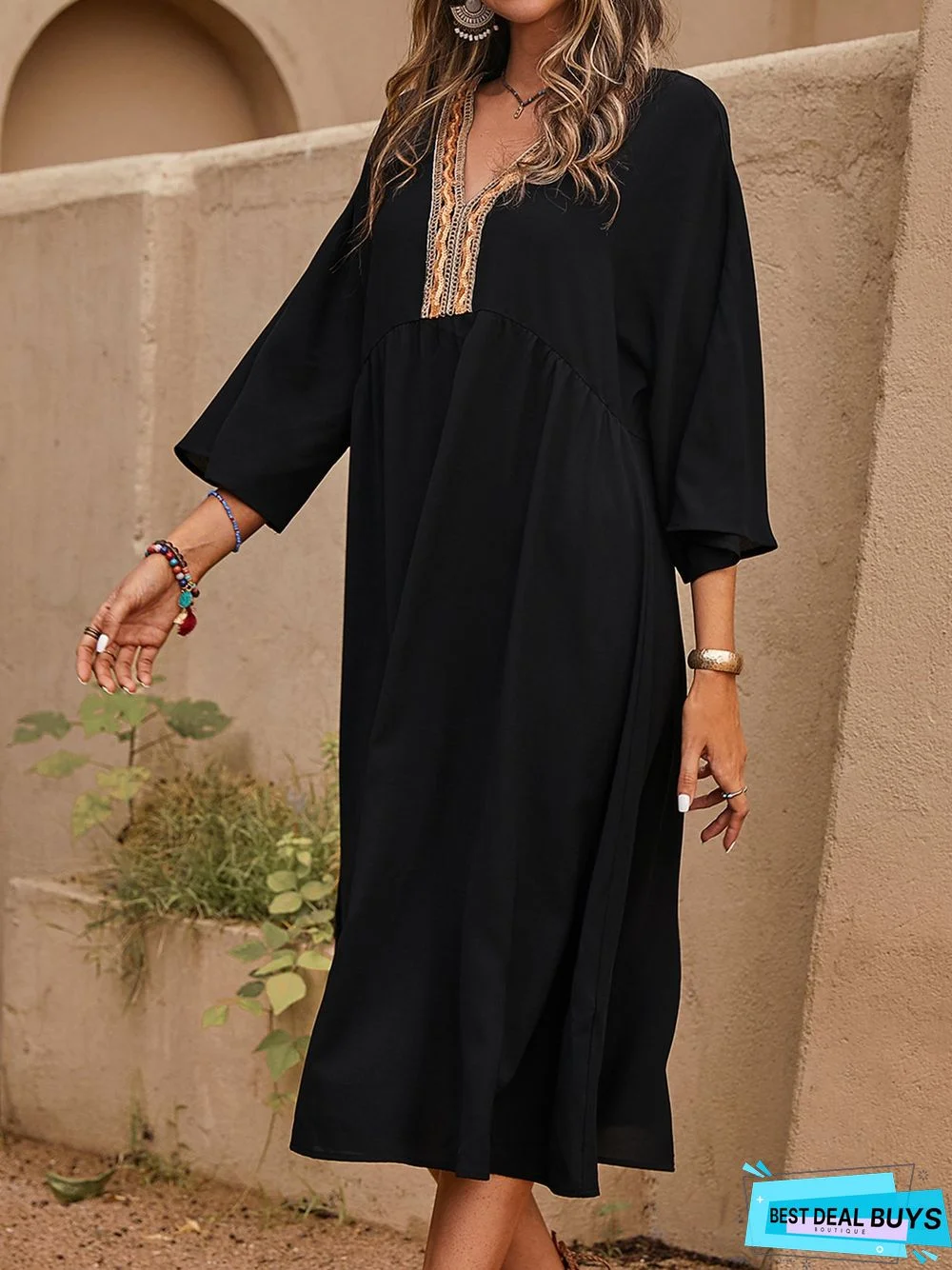 Appliqued Casual A-Line 3/4 Sleeve Weaving Dress