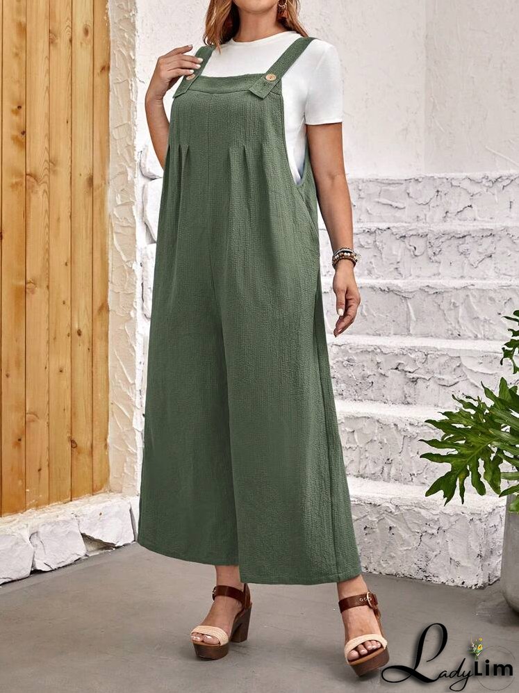 Plus Size Women's Solid Color Simple Daily Wear Jumpsuit With Straps