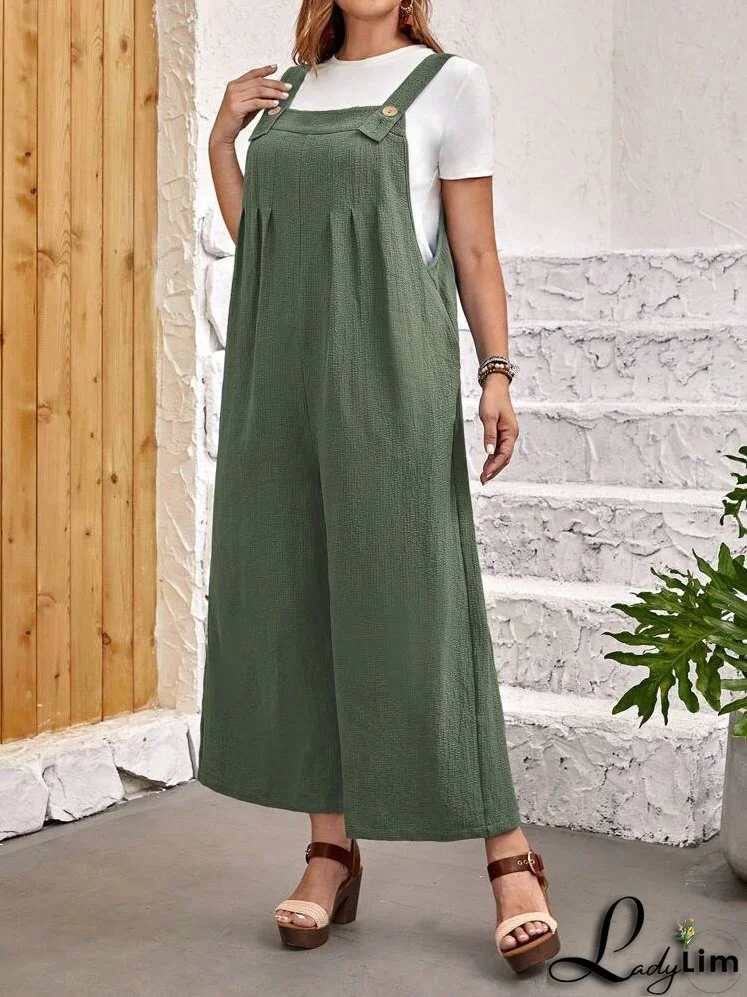 Plus Size Women's Solid Color Simple Daily Wear Jumpsuit With Straps