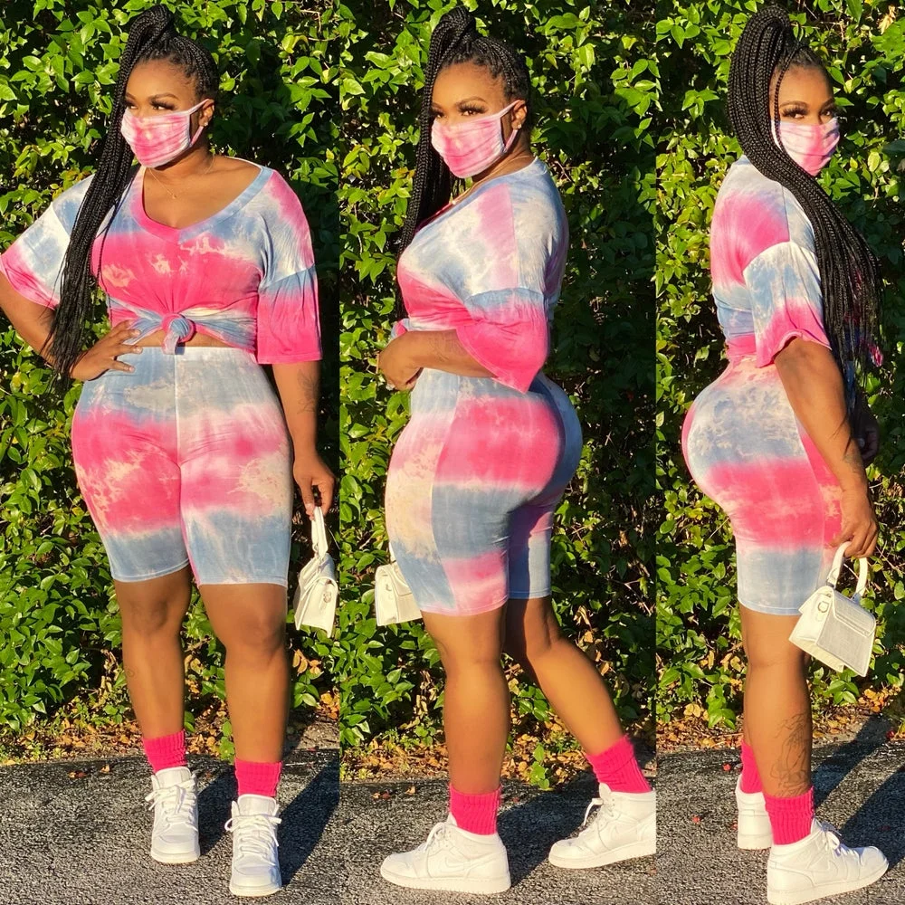 Tie Dye Sport Suits Sets Women 2Pieces Plus Size Tracksuit Fashion Short Sleeve T-Shirt+Biker Shorts Female Active Wear XL-4XL