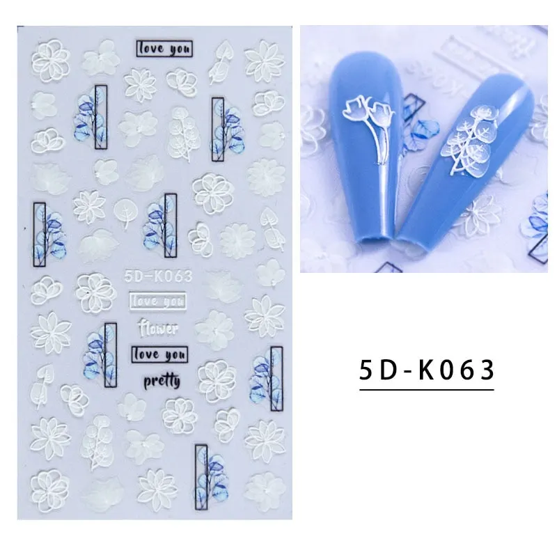 5D Butterfly Nail Sticker Engraved White Flower Sliders Embossed Lace Wedding Nail Art Design Monogram Decals Manicure Tools-Nail Inspo