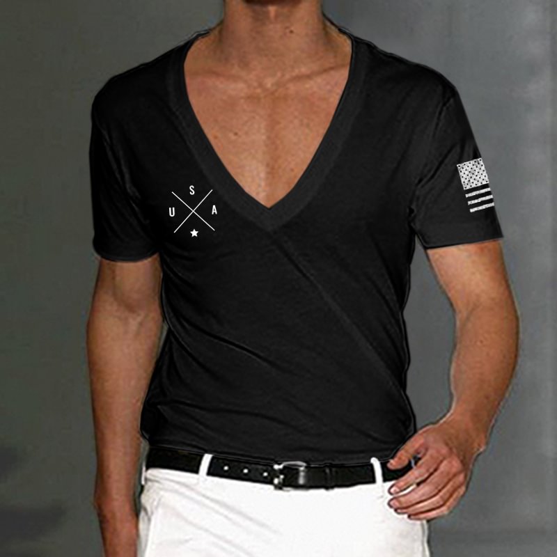 Men's Flag Print Patriotic Independence Day Casual Deep V Neck T-Shirt