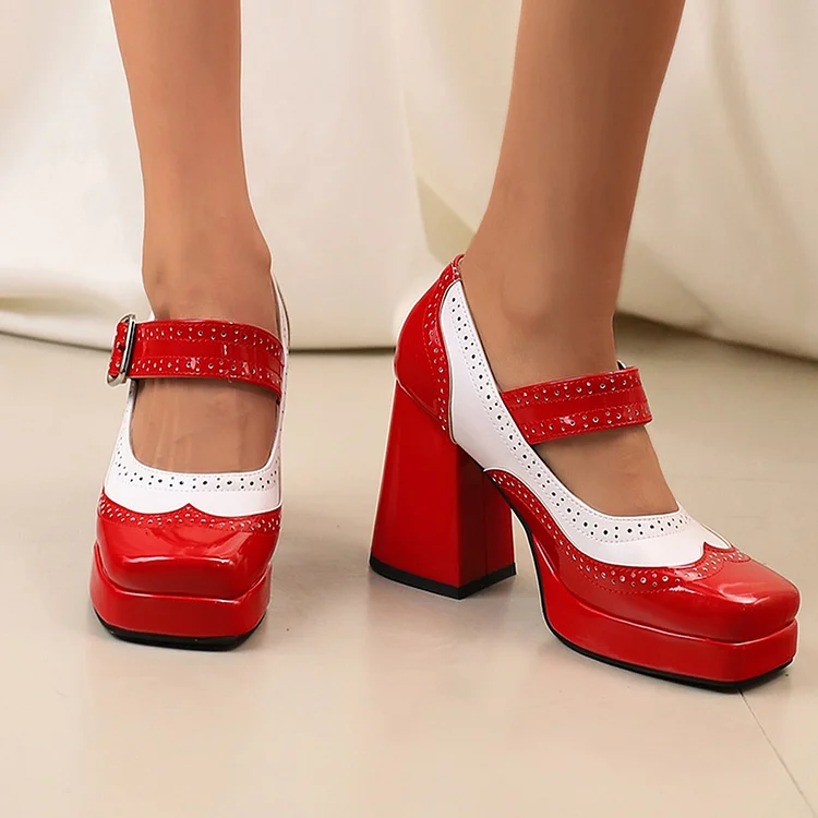 Colorblock Square Toe Instep Strap Buckle Chunky Heels