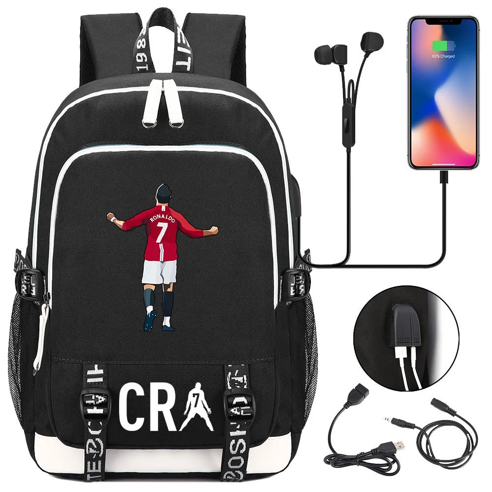 Buzzdaisy Cristiano Ronaldo Printed Backpack with USB Charging Port and Laptop Protection - Multi-Pocket Large Capacity Schoolbag