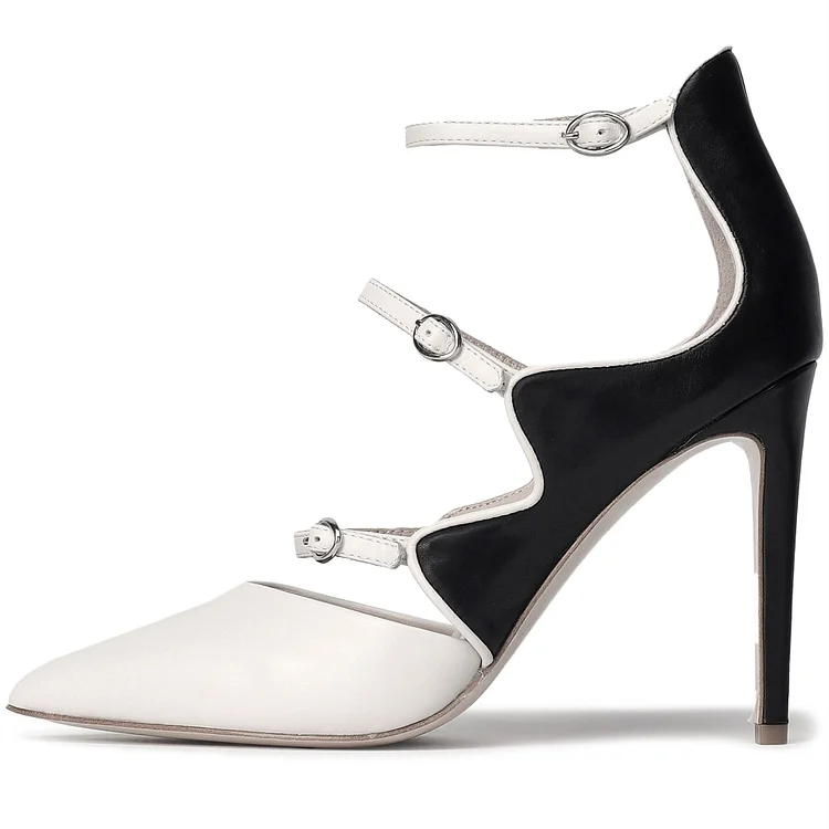Black & White Three Strap Stiletto Heels Pointed Toe Curvy Pumps |FSJ Shoes