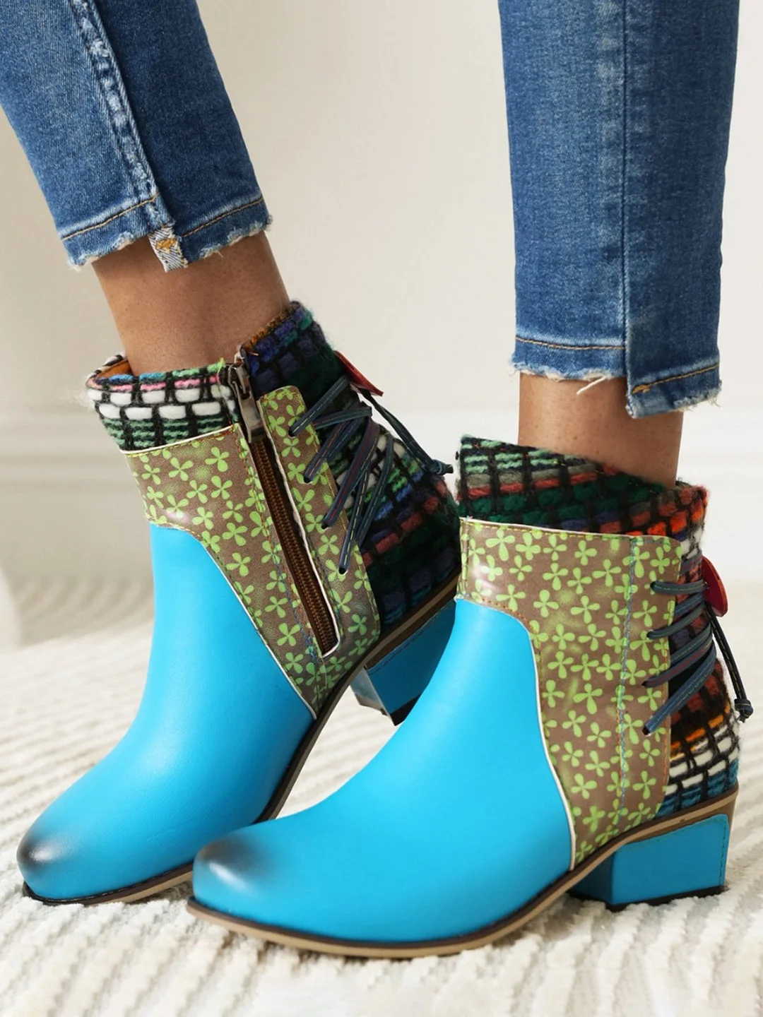 Retro Ethnic Style Stitching Pointed Toe Chunky Heel Boots | IFYHOME