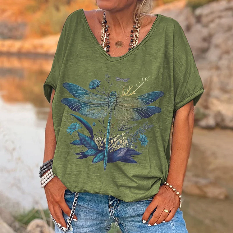 Dragonfly Printed V-neck Women's T-shirt