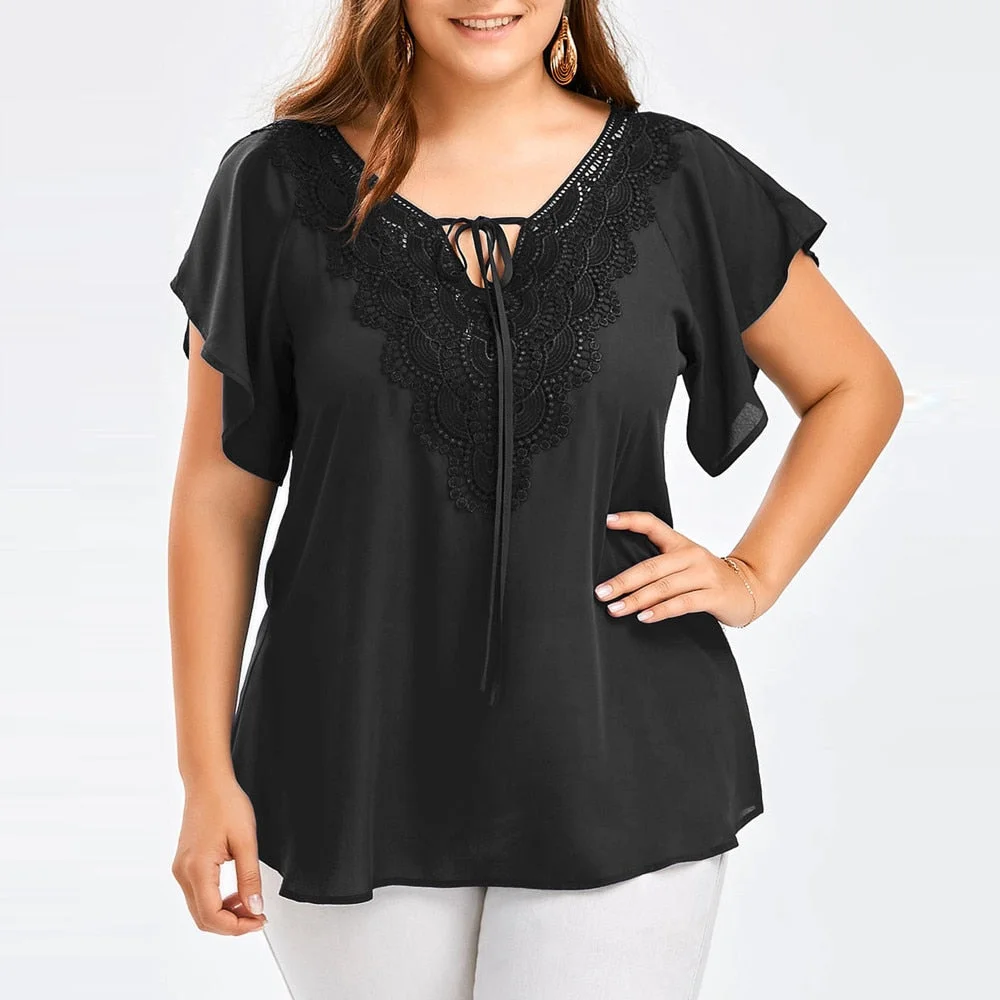 Plus Size Summer Fashion Patchwork Lace up Blouse Ladies Tops Loose Top Female Women Half Sleeve Shirt Blusas Femininas Pullover