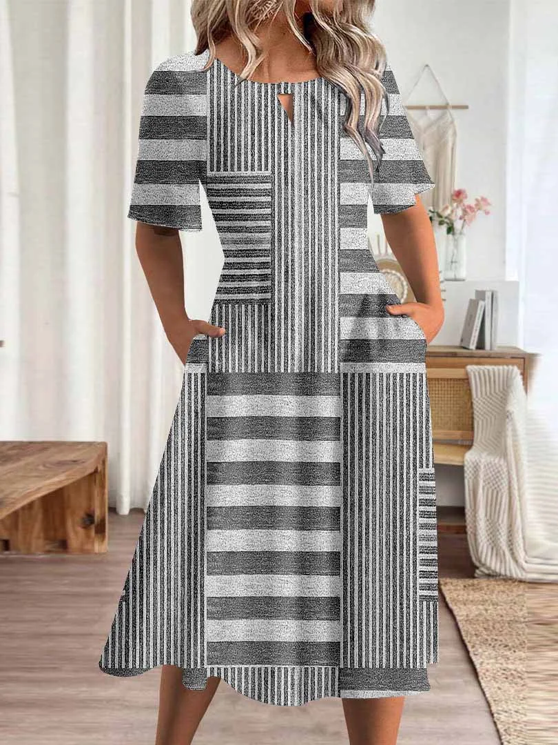Women Striped,Gray DZHA8302 Short Sleeve Scoop Neck Graphic Printed Hollow Midi Dress