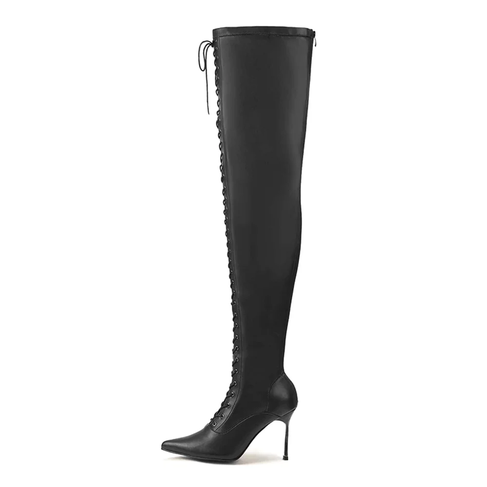 Full Black Genine  Thigh High Boots Lace Up Stiletto High Boots Nicepairs
