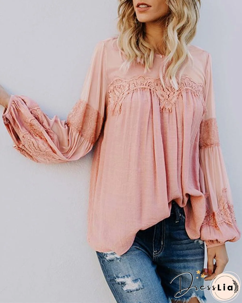 Women Casual Lace Embroidery Long Sleeve Solid Plus Size Blouses Tops
