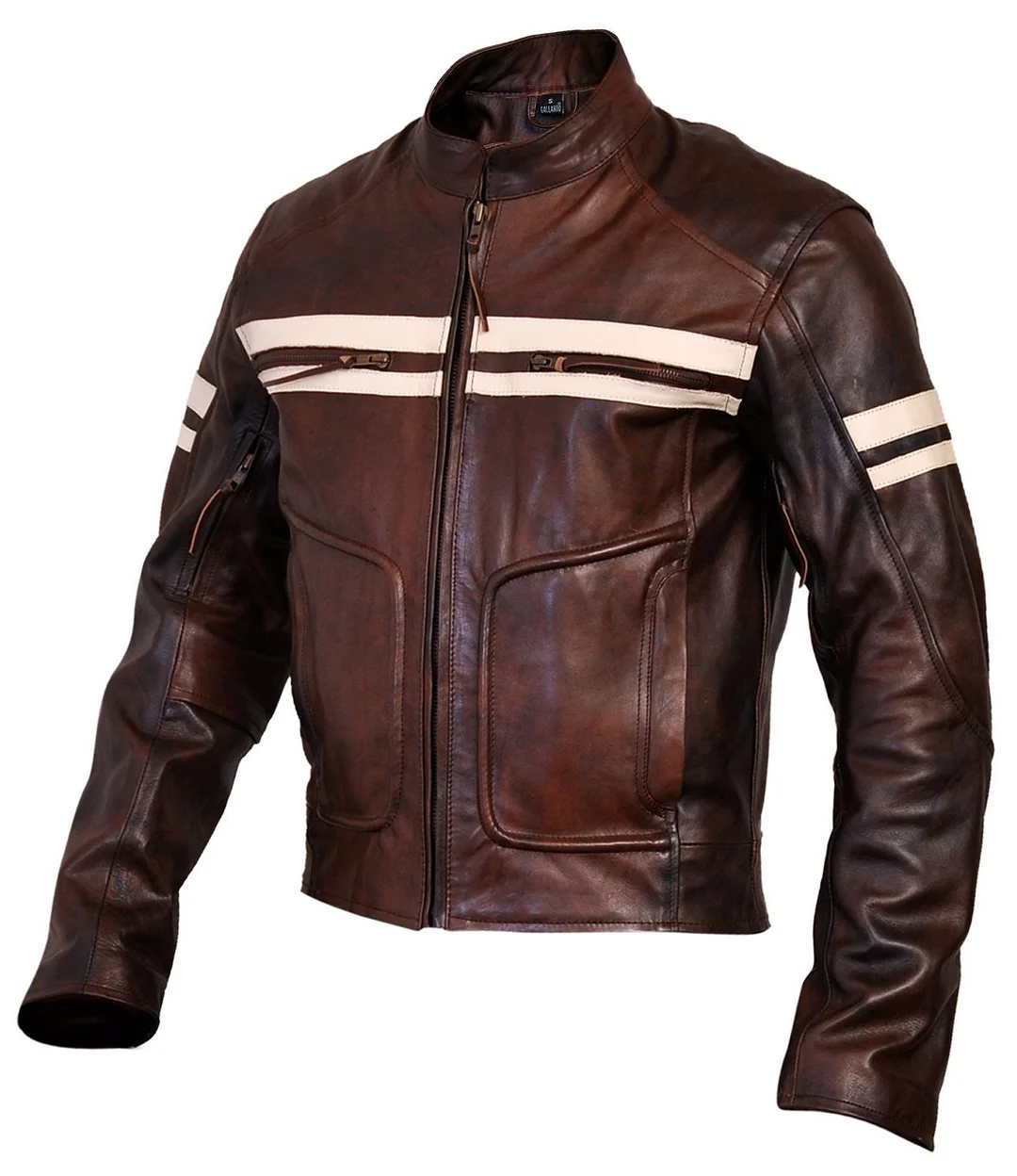 Roma Brown Distressed Cruiser Creme Stripes Biker Leather Jacket