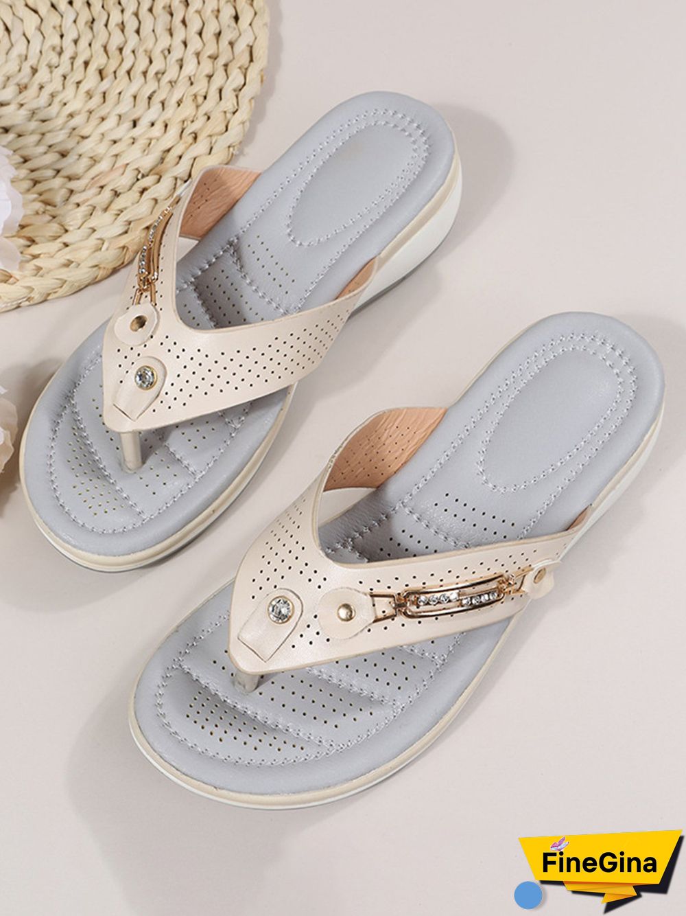Metal Rhinestone Slope Heel Flip-Flops