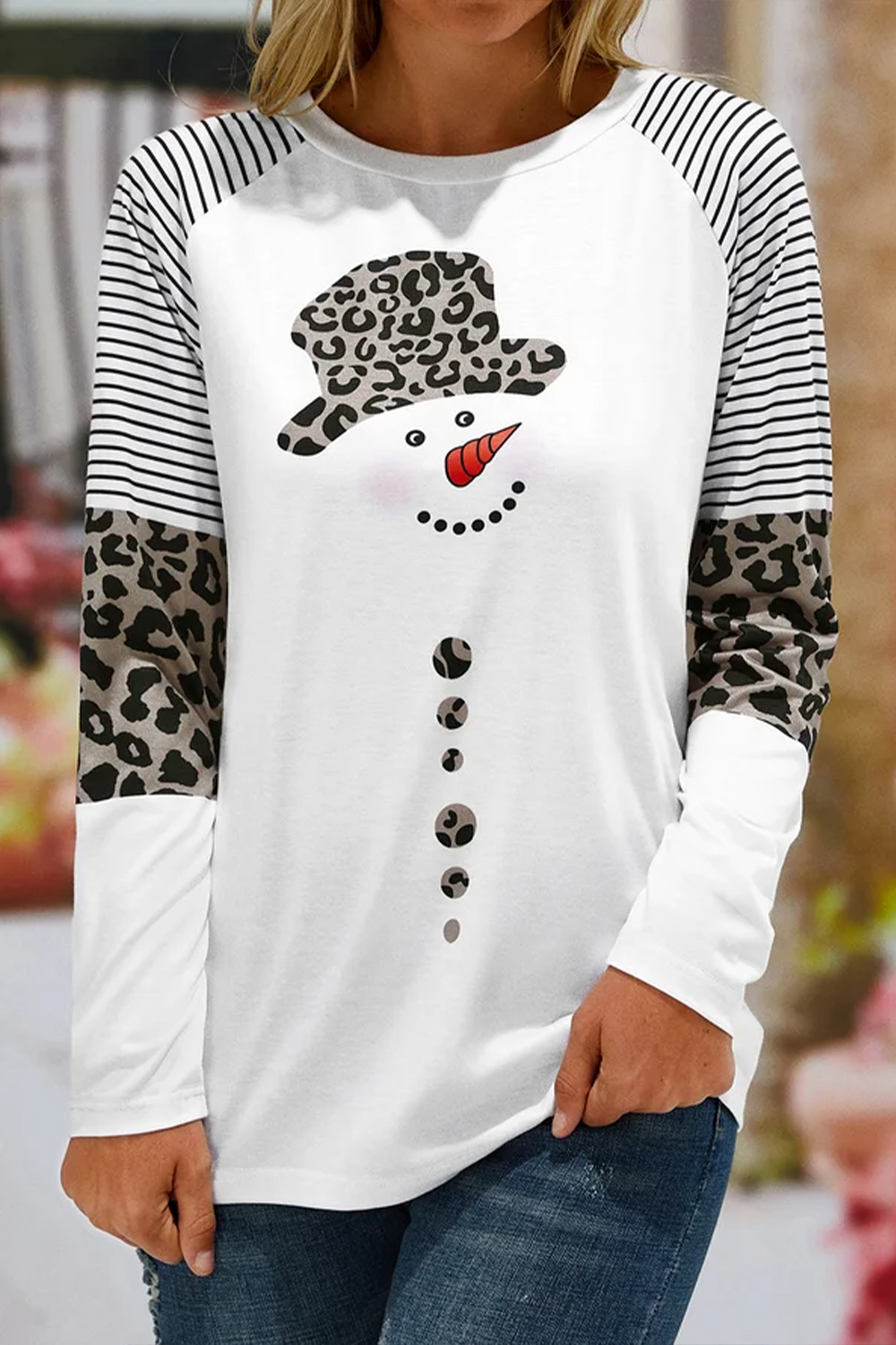 Flycurvy Plus Size Christmas White Snowman Leopard Striped Print Long Sleeve T-Shirt