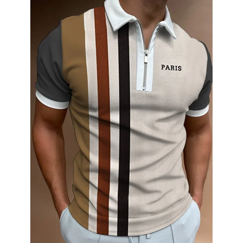 Aonga Men's Summer New Striped Patchwork Polo Shirt Business Casual Lapel Breathable Zipper Polo Shirt Men's Fashion Street Wear S-3XL