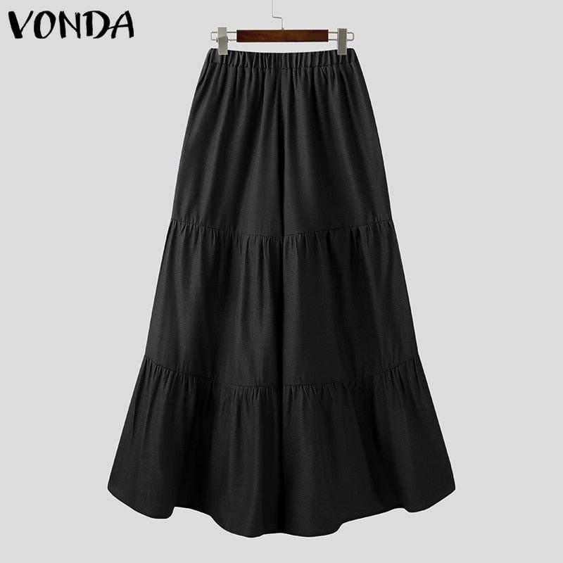 Casual Women Demin Wide Leg Pants 2022 VONDA Vintage Solid Color Elastic Waist Pleated Pants With Pockets Female Long Trousers