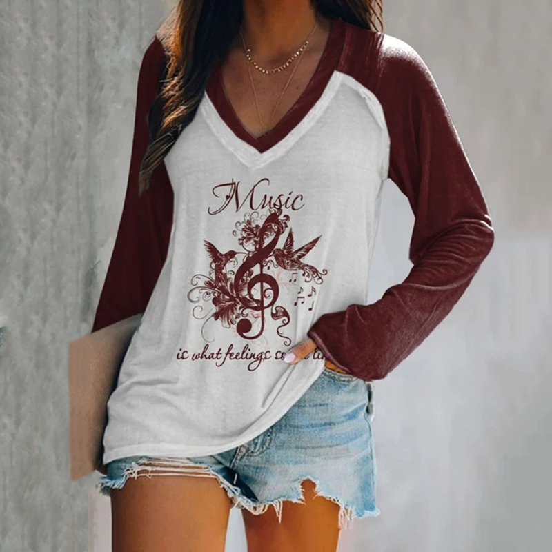 Music Is What Feelings Sound Like V Neck Long Sleeve T-Shirt wearshes