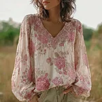 Bohemian Style Pink Floral Design V-neck Long-sleeve Top2 - Image 2