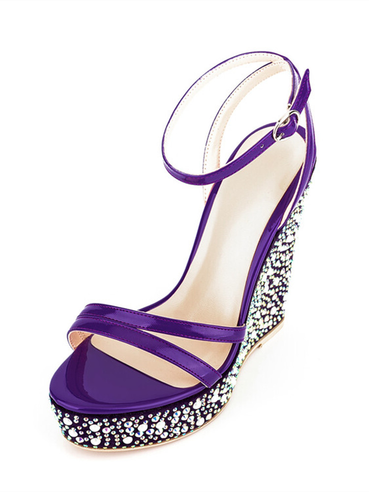 GOOSHOE Sandals Women's Slope Heel Thick Sole Color Rhinestone Straight Strap Party Sandals
