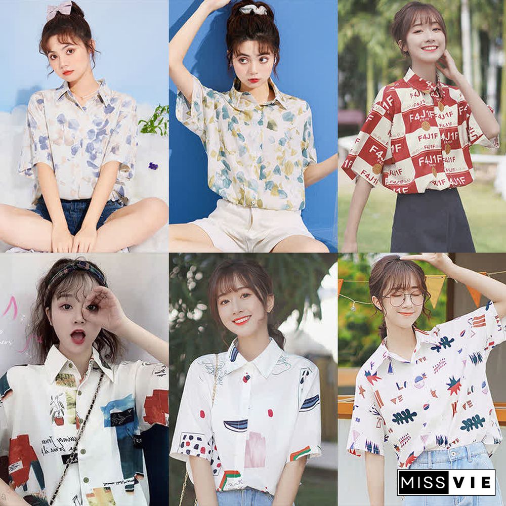 Cartoon Print Lapel Short Sleeve Loose Shirt