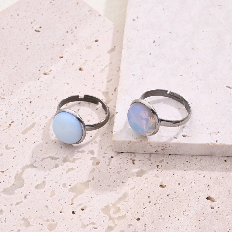 Casual Minimalist Round Spot Solid Color 304 Stainless Steel Natural Stone Opal Polishing Inlay Adjustable Ring